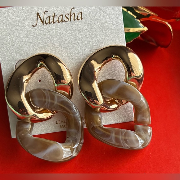 Natasha Couture Gold and Tan Statement Earrings - Picture 2 of 6
